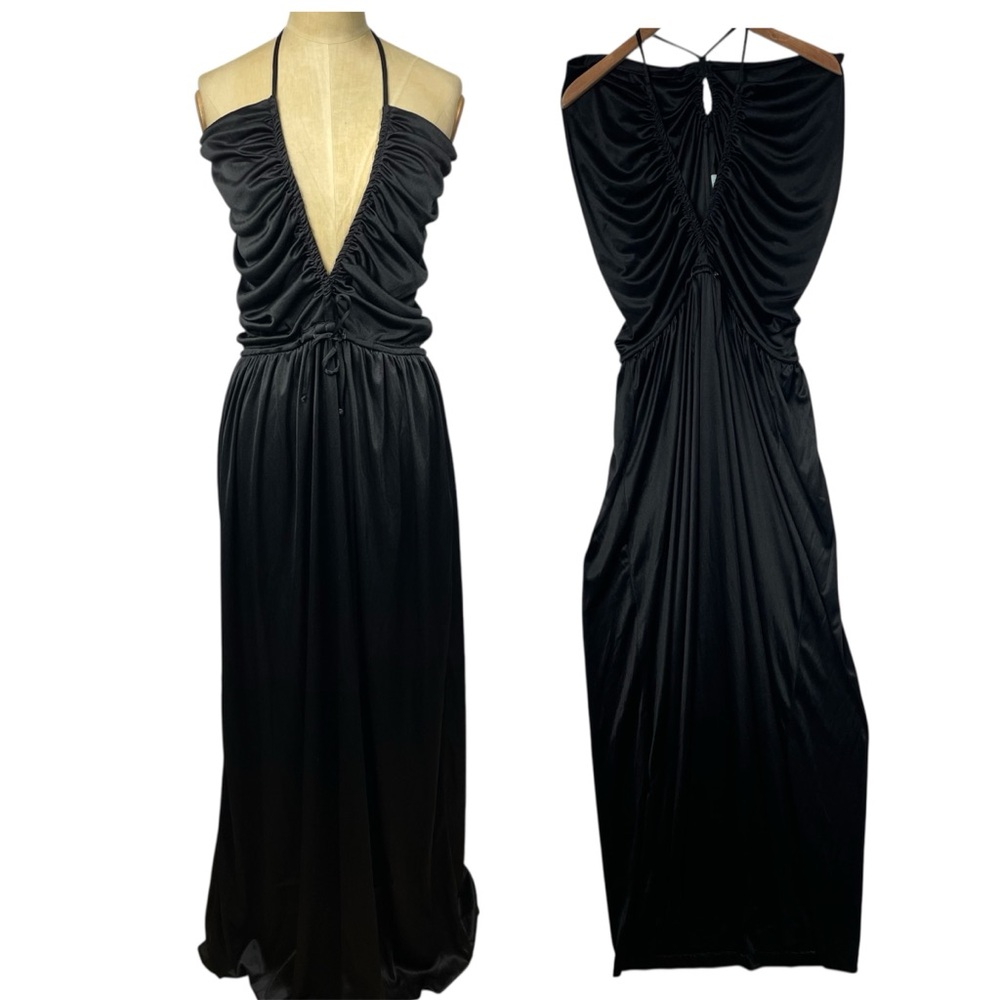 Disco 70s Glam Revival Formal Maxi Dress Black Ball V 80s 7/8 Gown Regency Chic